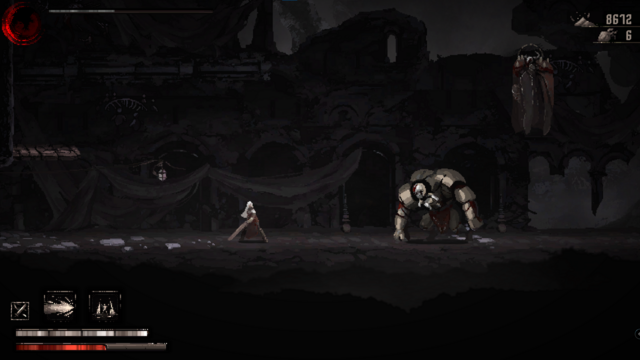 The main character standing in the front of a golem-like enemy twice the size, in the left top corner a bloody moon is depicted