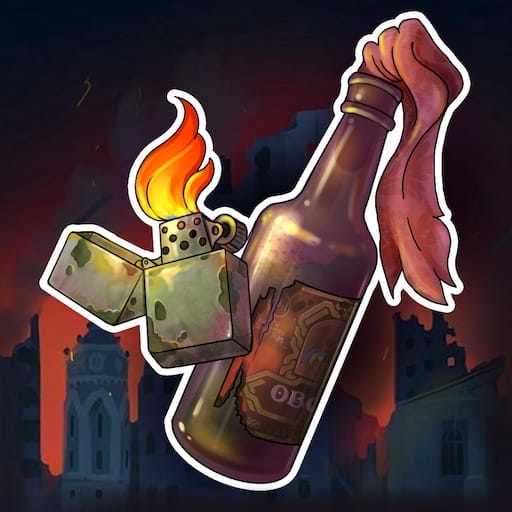 A 2d art of dark bottle with a red wick and a lighter on the background of city ruins