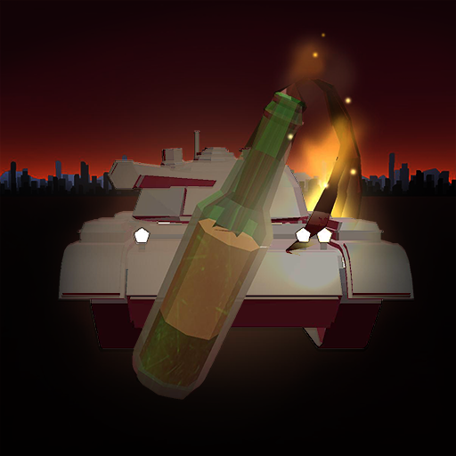 A 3D model of a bottle with a fired wick in front of the tank with a black and red city on the horizon