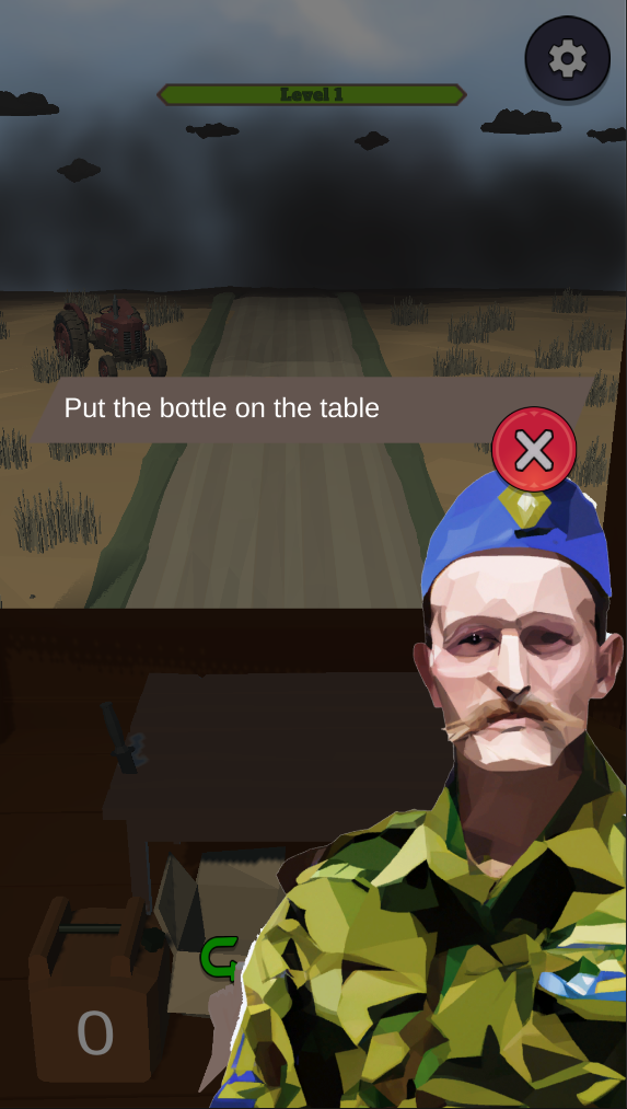 A low-poly image of a soldier with blue hat and and yellow insignia as a tutorial character telling the plater to put the bottle on the table