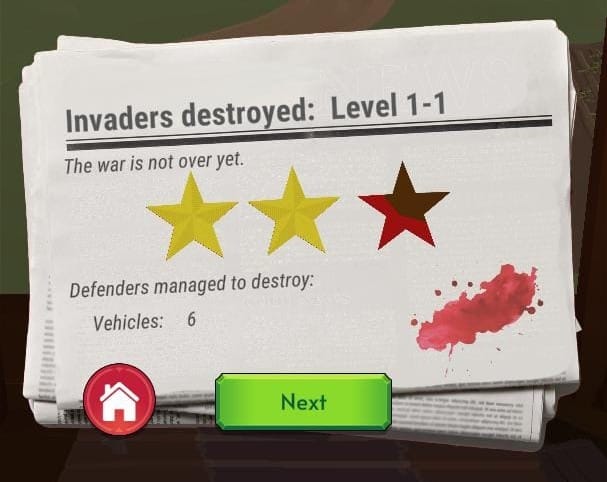 A popup with a bloodied newspaper-like background and a title - Invaders destroyed, but the war is not over yet