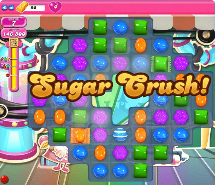 A match3 game with candies for the game elements and "Sugar Crush!" label for a bonus