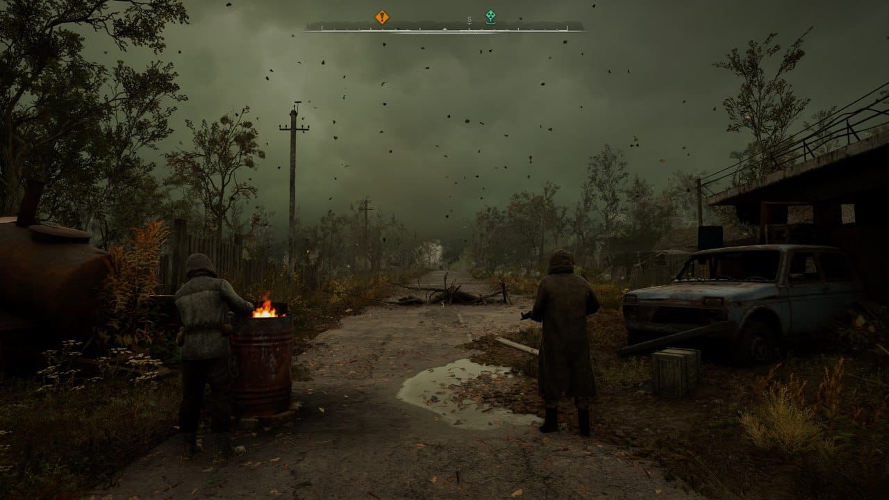 Two people with guns and hoods standing on the sides of a road on the exit from a village, in a stormy weather
