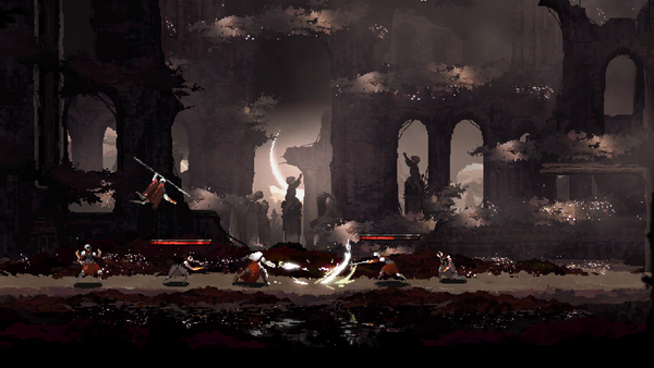 The main character being surrounded by spearmen and swordsmen with an old ruin on the background in dark brown-ish colours